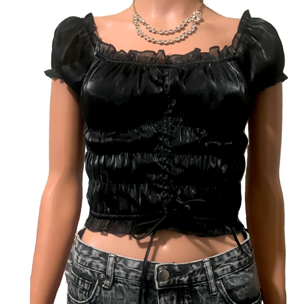 Black Ruched Tiger Mist Off the Shoulder Top Small